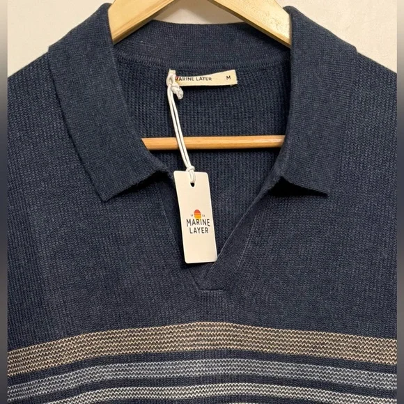 Marine Layer NWT Liam Sweater Polo in Navy Neutral Stripe - Picture 2 of 8